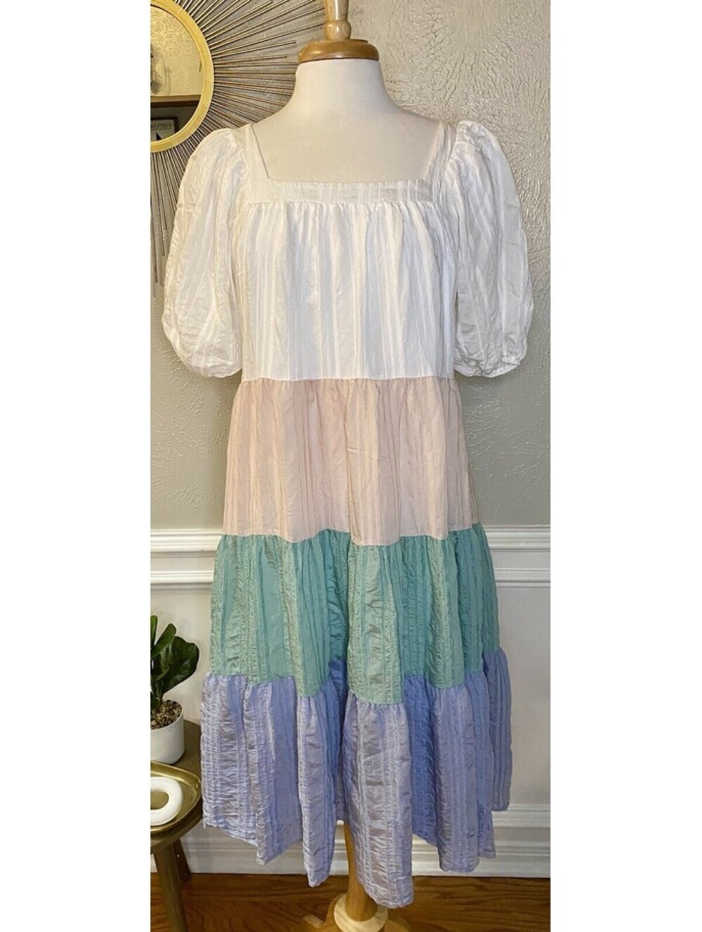 Aura Dress Boho Pastel Layered Maxi Dress Small Festival NEW Tiered Colorblock
